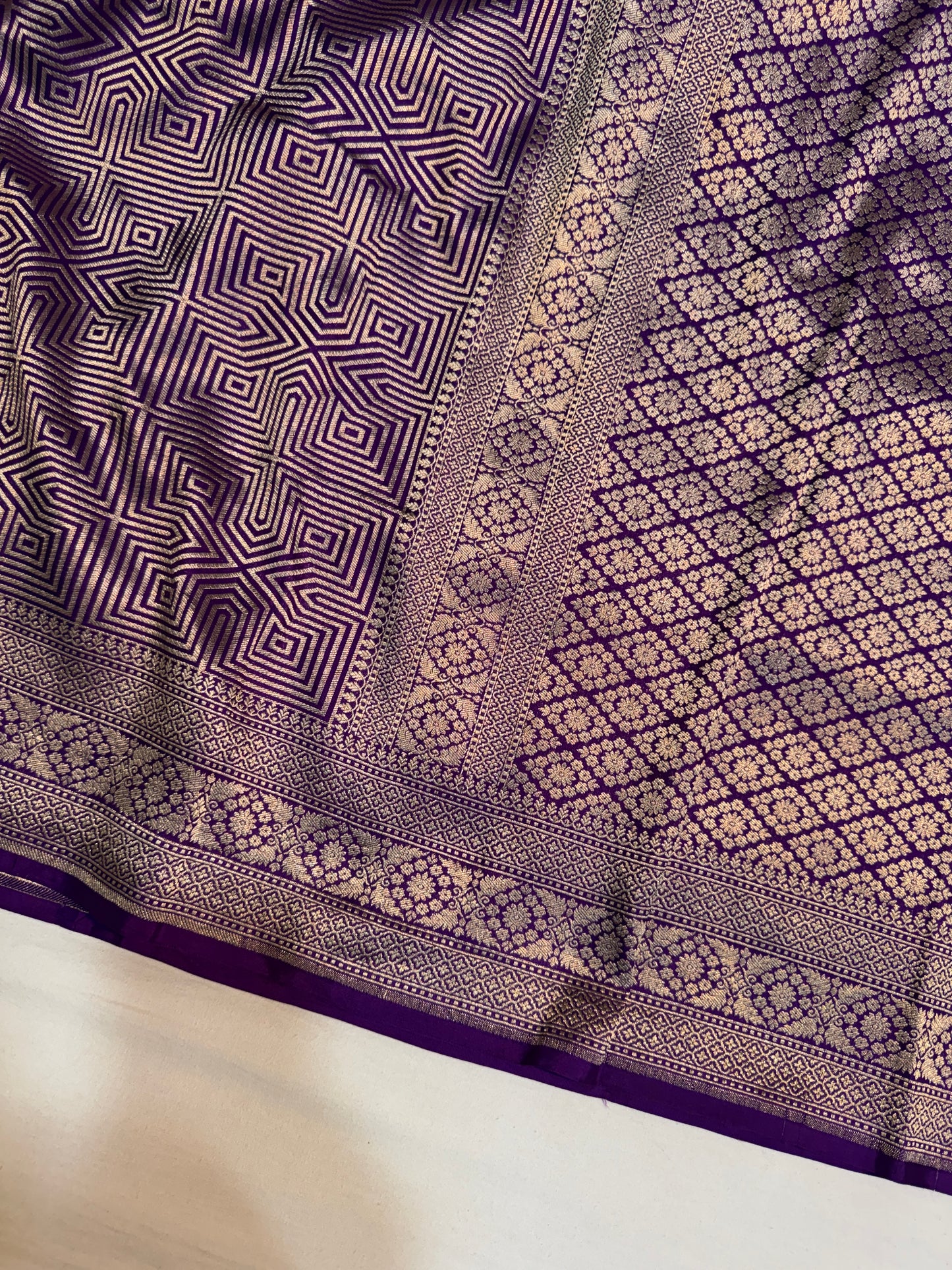 Royal Purple Handloom Kadwa Banarasi Katan Silk Saree with All-Over Geometric Zari Weaving