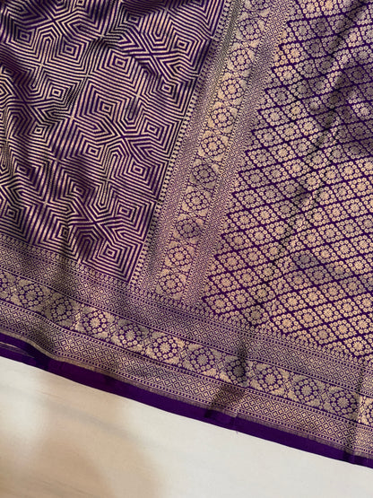 Royal Purple Handloom Kadwa Banarasi Katan Silk Saree with All-Over Geometric Zari Weaving