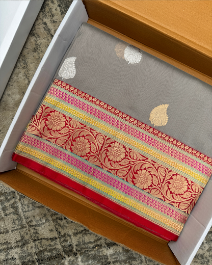 Grey Banarasi Handloom Double Kora Katan Handloom Saree