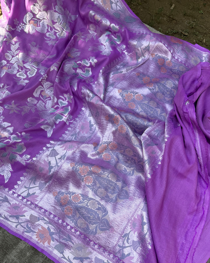 Purple Pink Pure Banarasi Tusser Georgette Saree