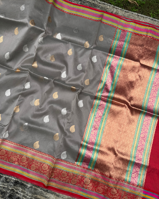 Grey Banarasi Handloom Double Kora Katan Handloom Saree