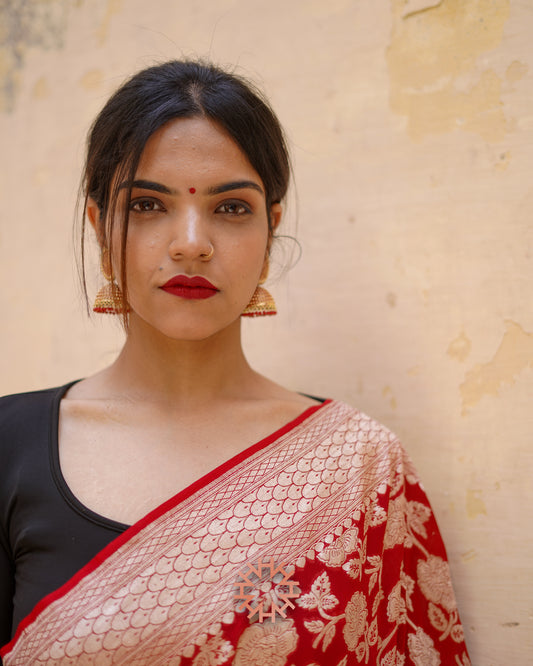 Ruby Red Banarasi Khaddi Georgette Handloom Saree