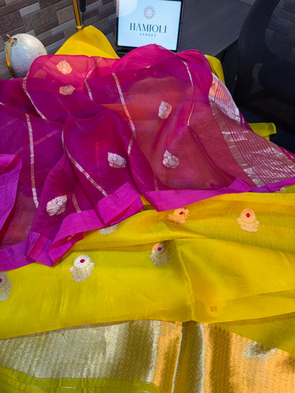 Bright Yellow & Rani Pink Kora Silk Suit Set with Pure Chinya Silk Bottom