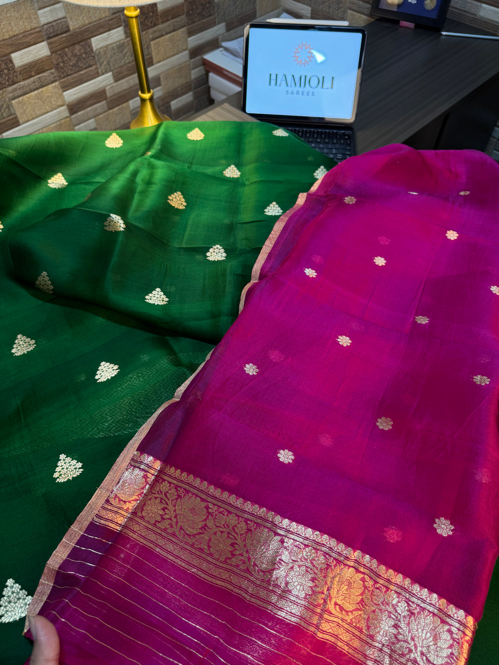Woven floral motifs on rich green Kora silk kurta fabric close-up