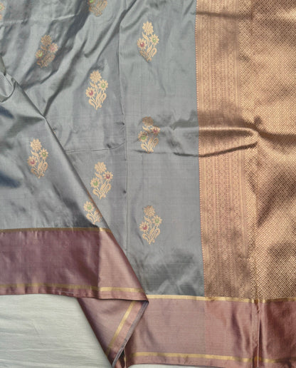 Powder Blue Pure Katan Silk Kadwa Handwoven Banarasi Saree
