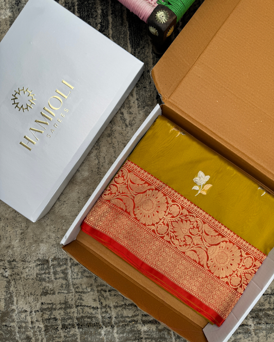 Mustard Banarasi Handloom Double Kora Katan Handloom Saree