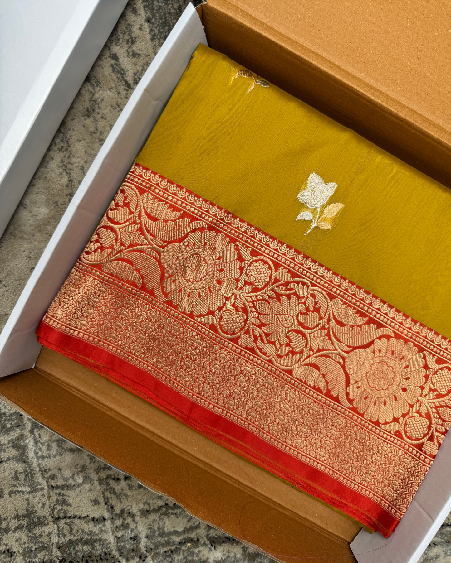 Mustard Banarasi Handloom Double Kora Katan Handloom Saree