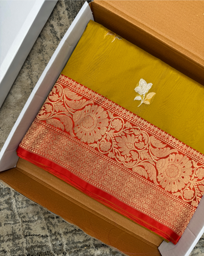 Mustard Banarasi Handloom Double Kora Katan Handloom Saree