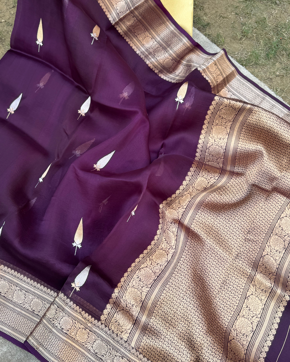 Dark purple pure Kora silk Banarasi saree with intricate Kadwa zari motifs