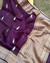 Dark purple pure Kora silk Banarasi saree with intricate Kadwa zari motifs