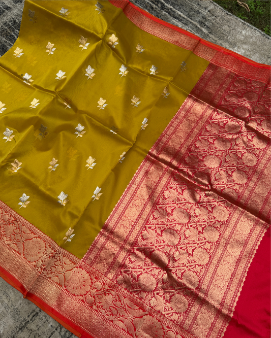 Mustard Banarasi Handloom Double Kora Katan Handloom Saree
