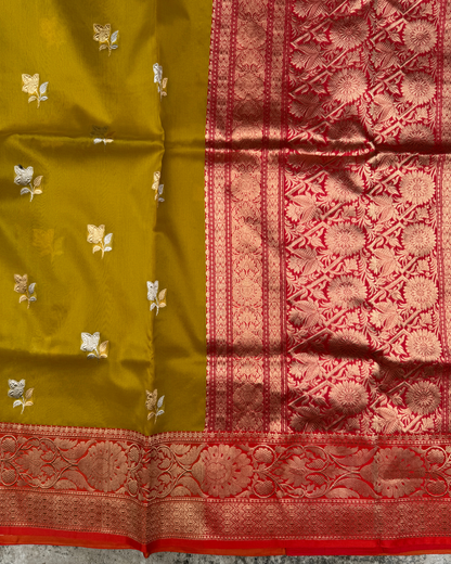 Mustard Banarasi Handloom Double Kora Katan Handloom Saree