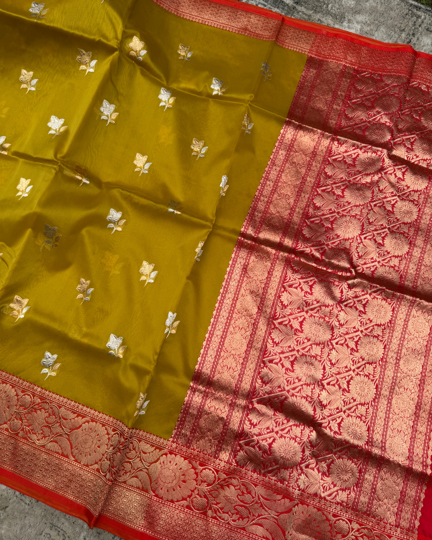 Mustard Banarasi Handloom Double Kora Katan Handloom Saree