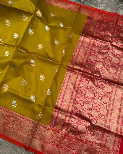 Mustard Banarasi Handloom Double Kora Katan Handloom Saree