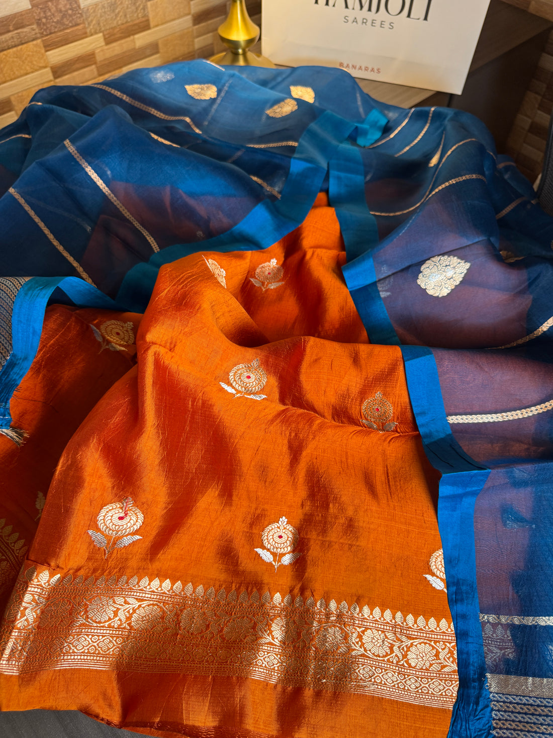 Peacock blue handloom Kora silk dupatta with sona zari stripes and satin border
