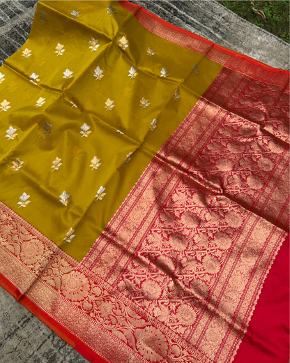 Mustard Banarasi Handloom Double Kora Katan Handloom Saree