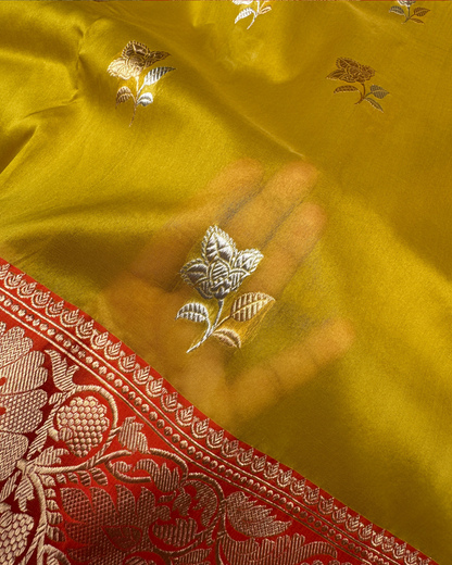 Mustard Banarasi Handloom Double Kora Katan Handloom Saree