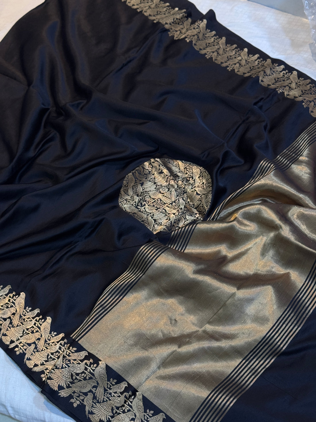Black Mashru Silk Banarasi Saree with Gold Zari Bird Motifs