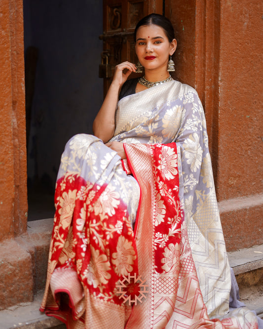 Silver & Crimson Banarasi Khaddi Georgette Handloom Saree