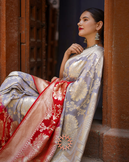 Silver & Crimson Banarasi Khaddi Georgette Handloom Saree