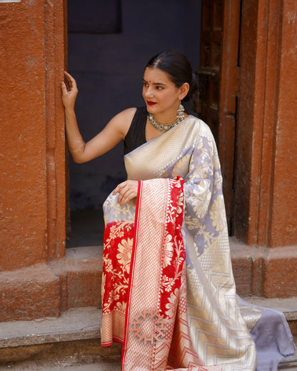 Silver & Crimson Banarasi Khaddi Georgette Handloom Saree