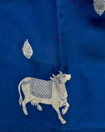 Artisan handloom weaving view of deep sea blue pure Mulberry soft silk saree