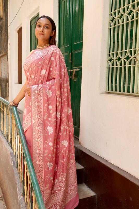 Peach Pure Chinya  Banarasi Silk Saree