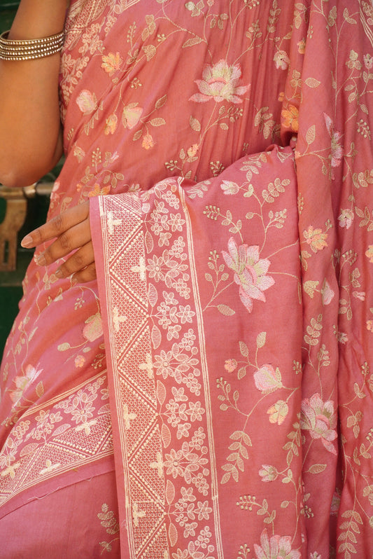 Peach Pure Chinya  Banarasi Silk Saree