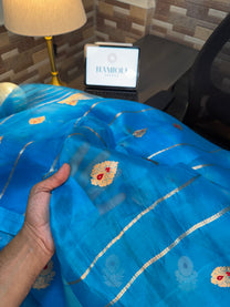 Cyan Kora silk dupatta with silver zari stripes and metallic border detail