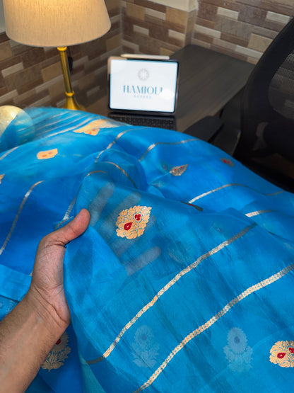 The Electric Cyan Kora & Chinya Silk Unstitched Suit Set