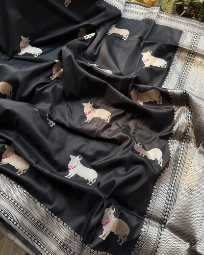 Black Pure Banarasi Katan Ektara Silk Saree