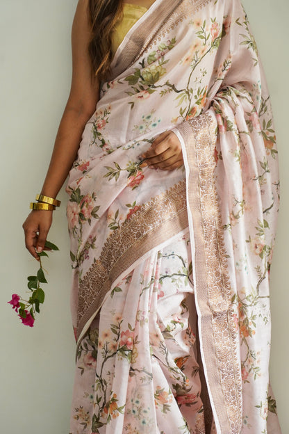 'Fusion' Peach Pink Banarasi Chanderi Saree
