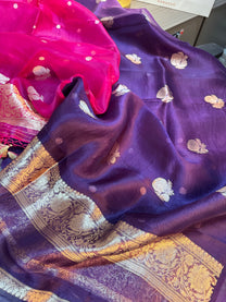 Drape view of sheer lightweight pure Banarasi Kora silk handloom fabric