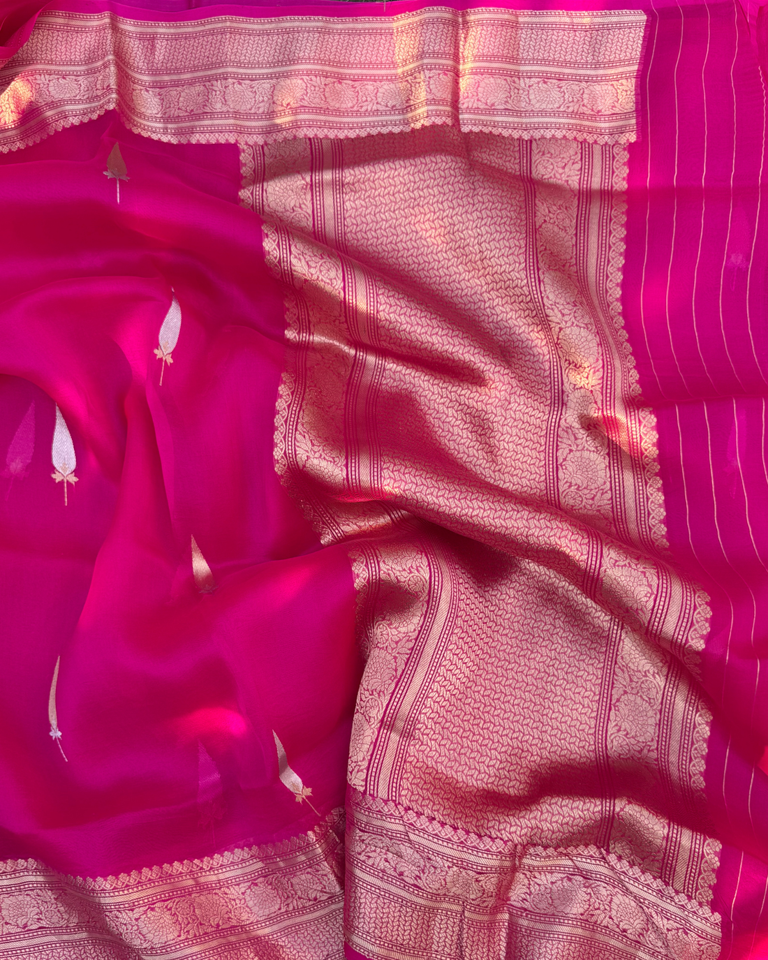 Pink pure Kora silk Banarasi saree with handwoven Kadwa motifs