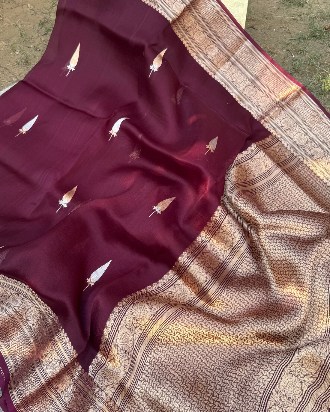 Magenta pink pure Kora silk Banarasi saree with Kadwa zari motifs full drape