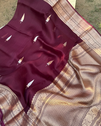 Magenta pink pure Kora silk Banarasi saree with Kadwa zari motifs full drape