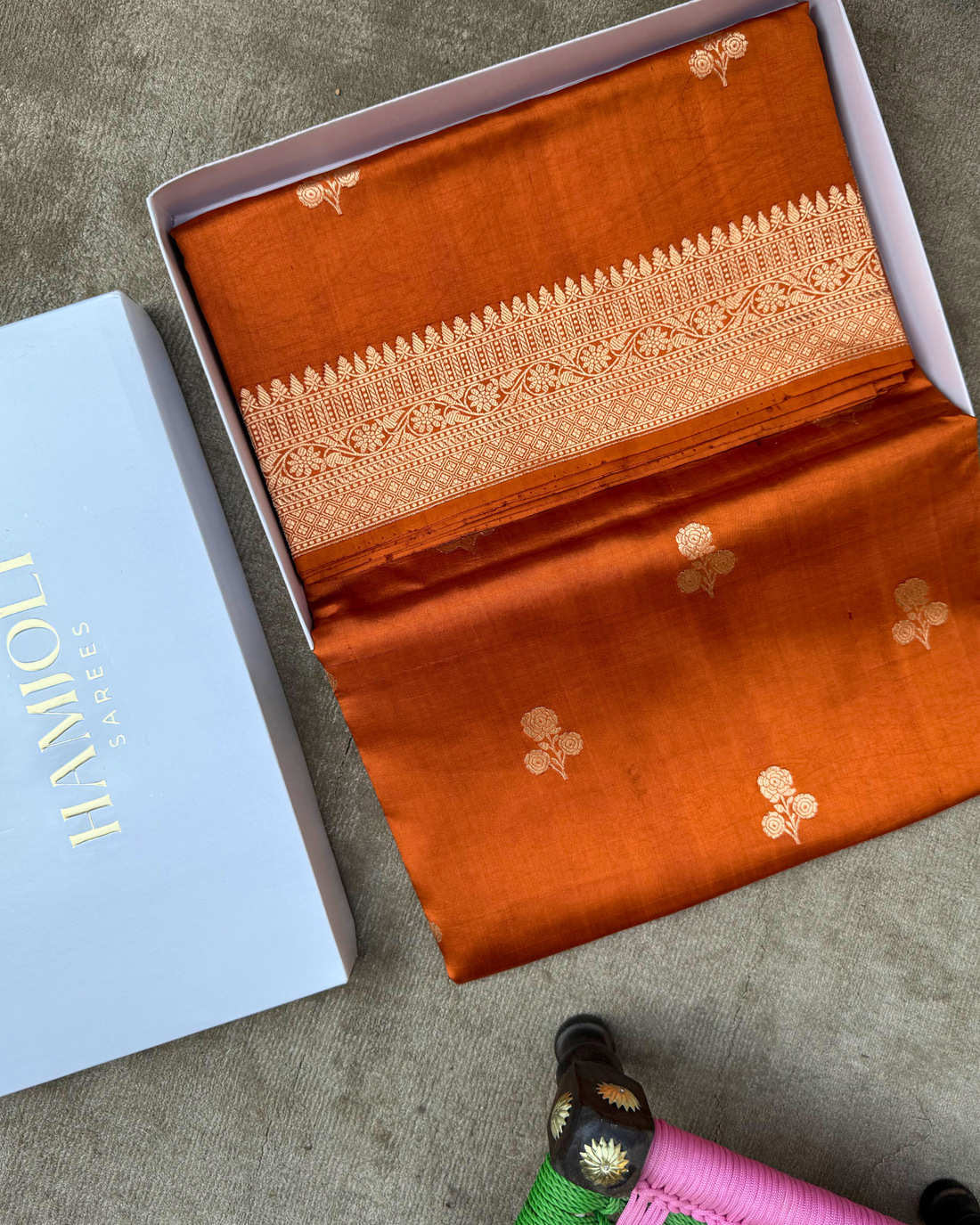 Dusty orange pure Mulberry soft silk Banarasi saree with fine weave full drape