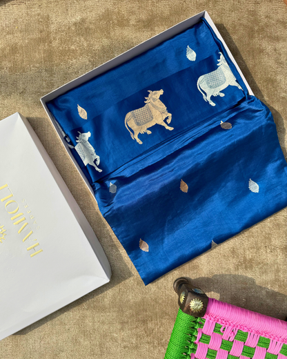Deep Sea Blue Pure Banarasi Mulberry Soft Silk Saree
