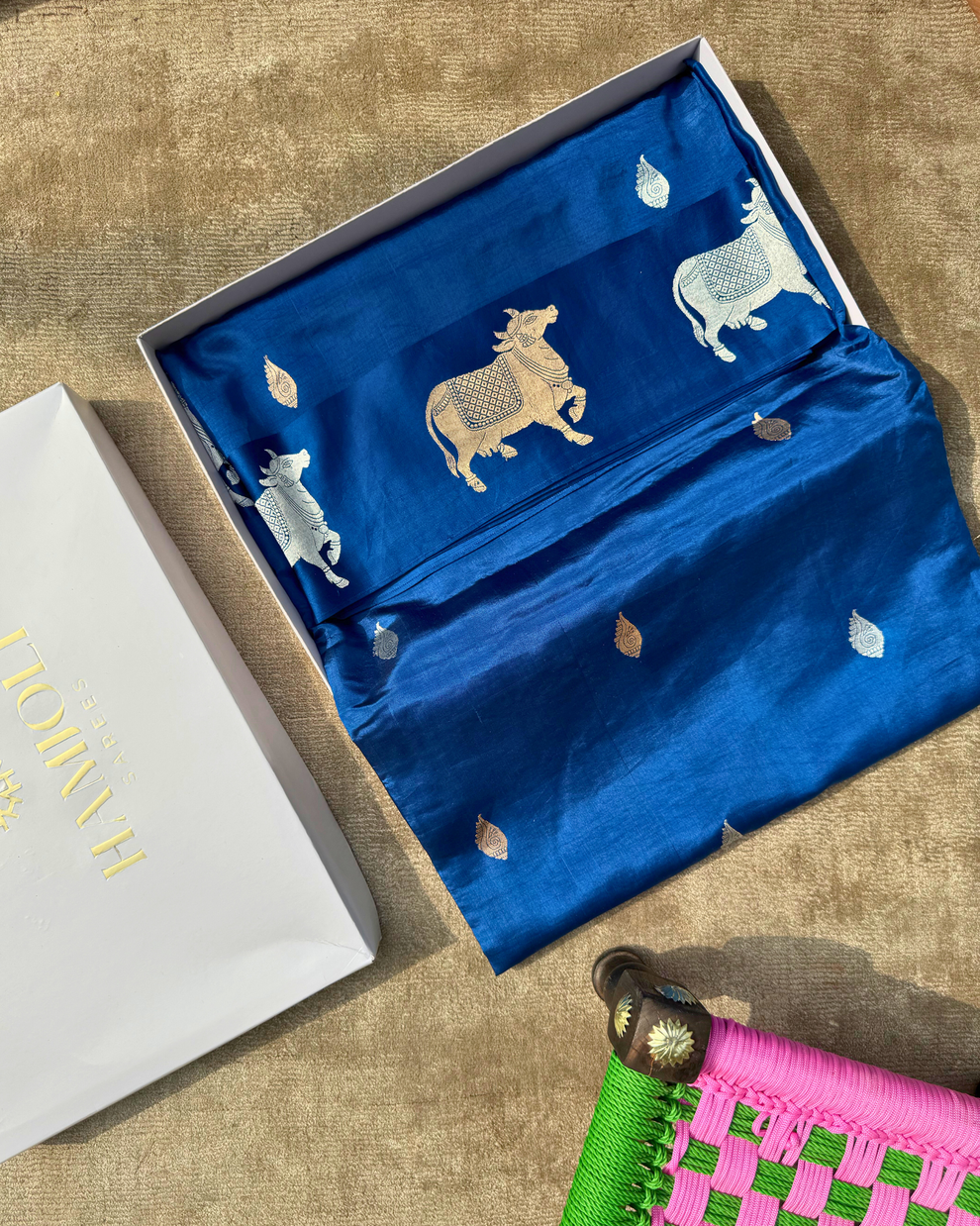 Deep sea blue pure Mulberry soft silk saree with Shankh bootas full drape