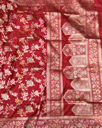 Red pure Katan silk Banarasi saree in floral Jangla jaal with radiant zari