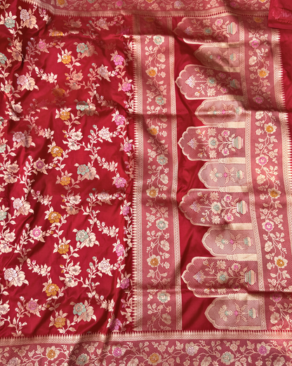 Red Pure Banarasi Katan Silk Jangla Saree