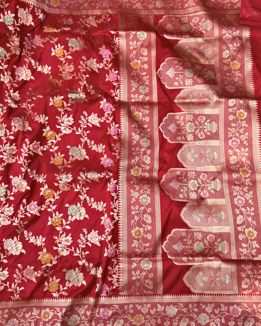 Red Pure Banarasi Katan Silk Jangla Saree