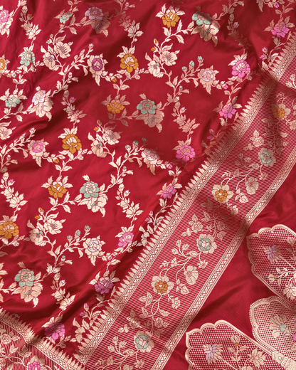 Red Pure Banarasi Katan Silk Jangla Saree
