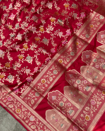 Artisanal handwork crafted over 250 hours on red pure Katan silk Jangla saree