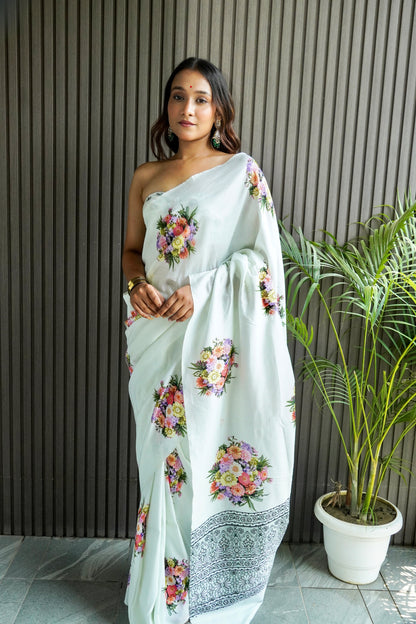 Blue Silk Saree with Digital Print