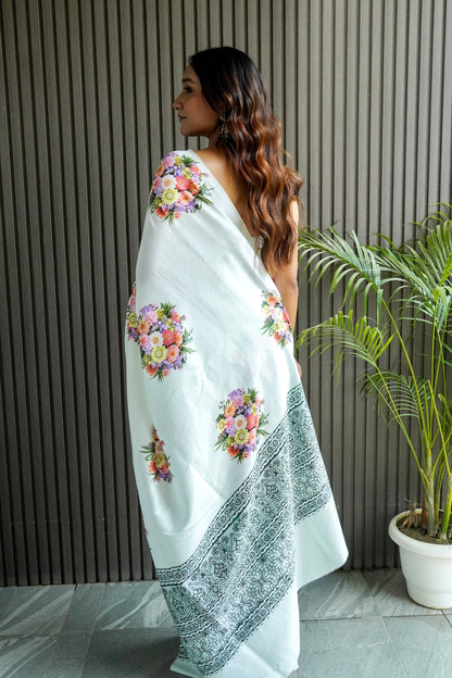 Blue Silk Saree with Digital Print
