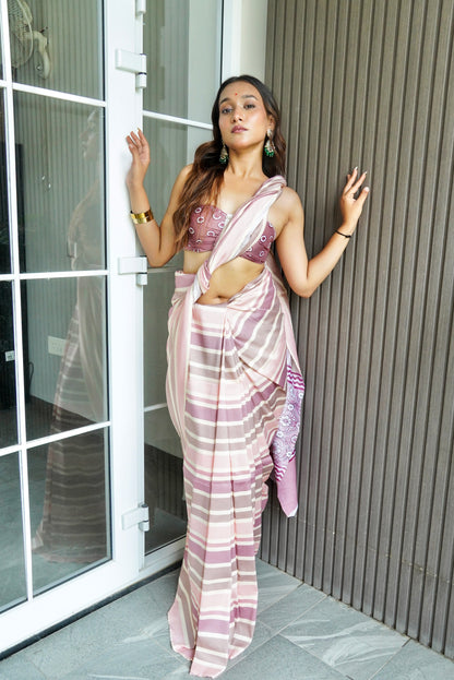 Peach Silk Saree with Digital Print