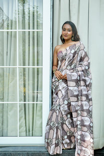 Peach-pink pure silk saree with digital print design folded view