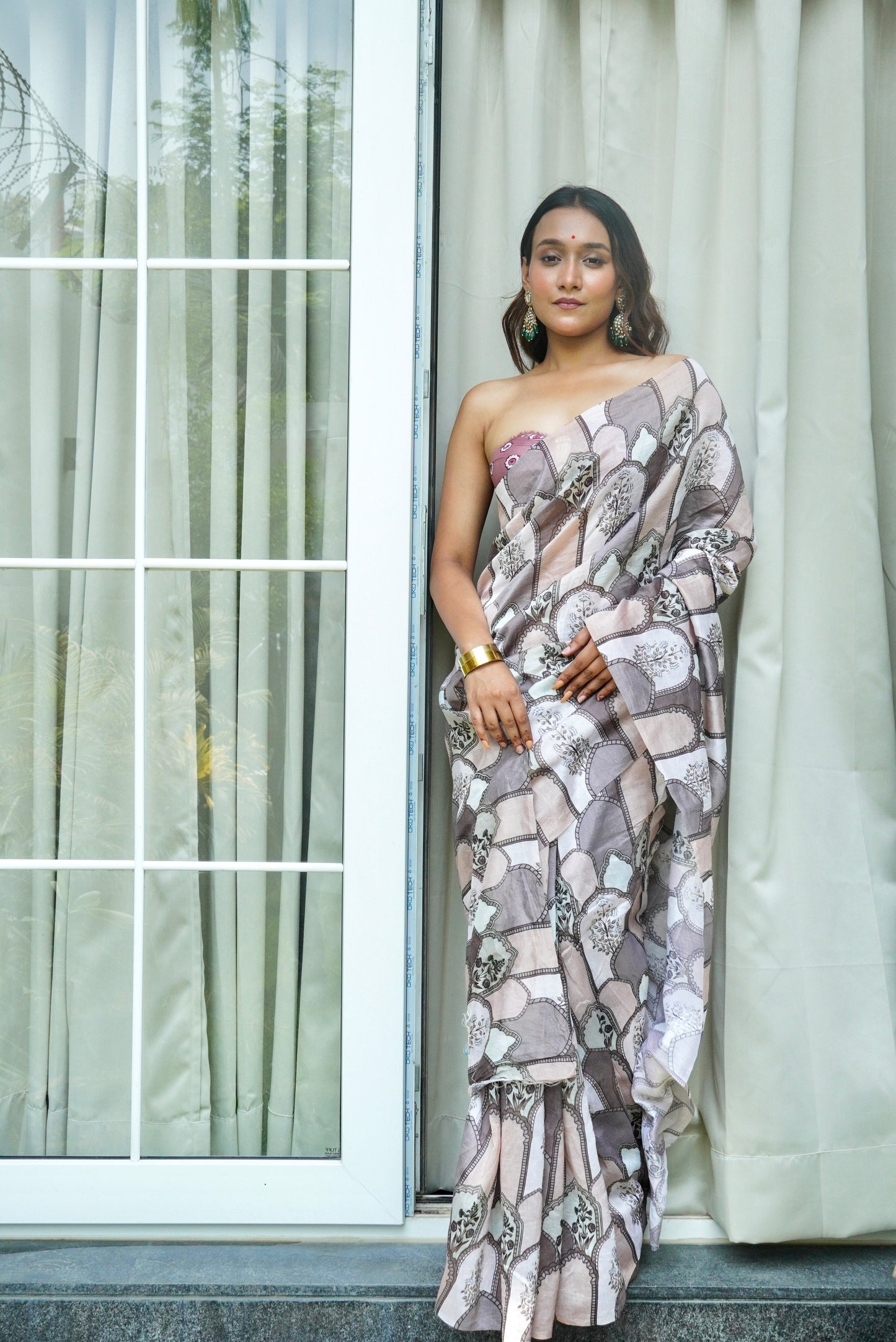 Peach-Pink Silk Saree with Digital Print