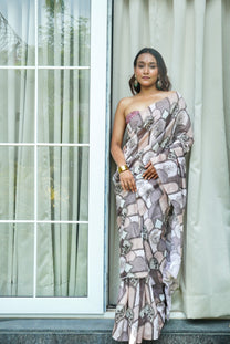 Peach-pink pure silk digitally printed saree border and pallu view